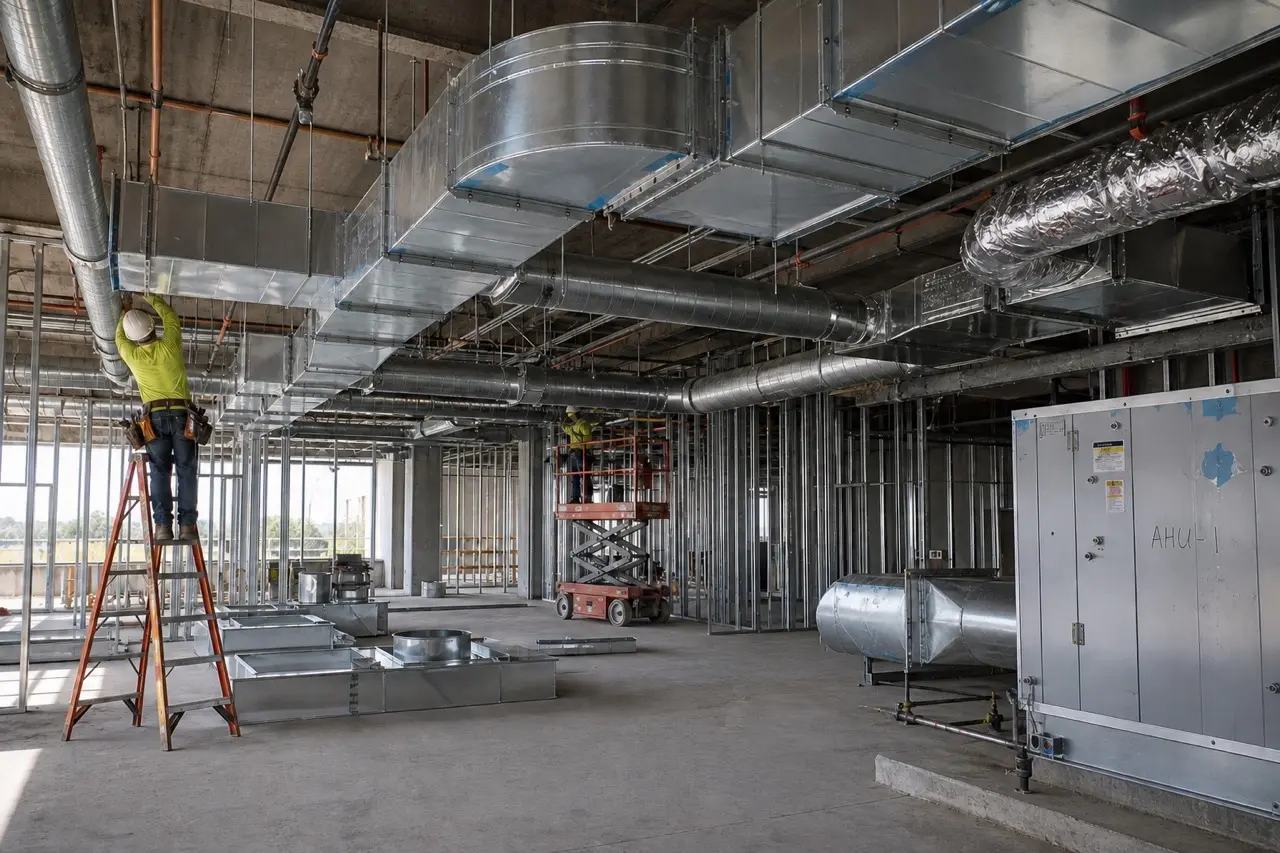 HVAC installation – industrial ductwork with worker