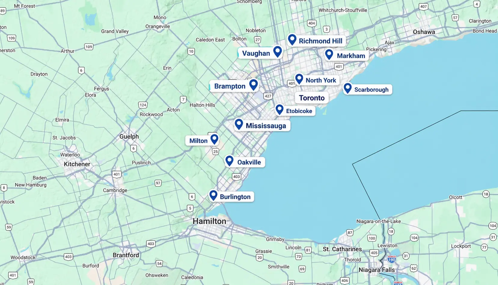 Greater Toronto Area service map with pins
